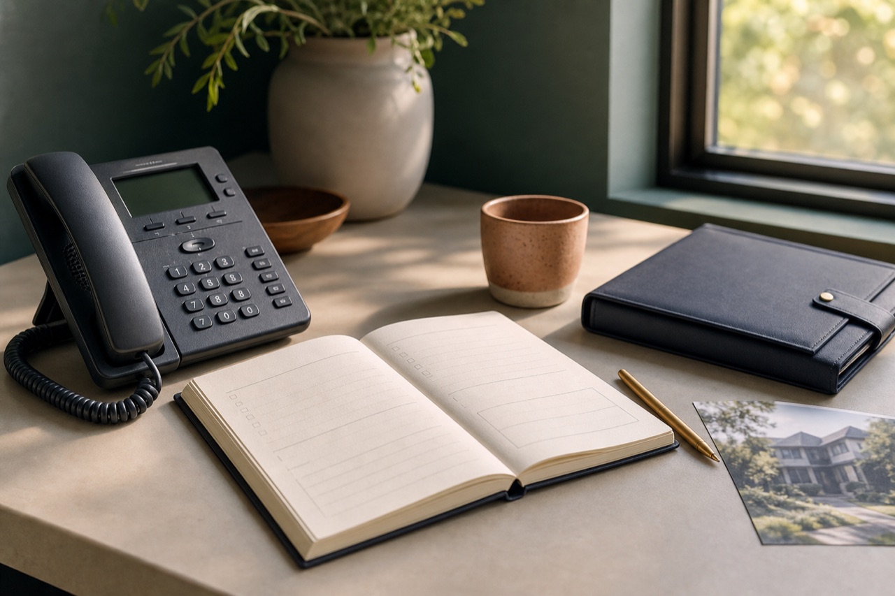 Phone and blank property-review notebook prepared for an investor conversation