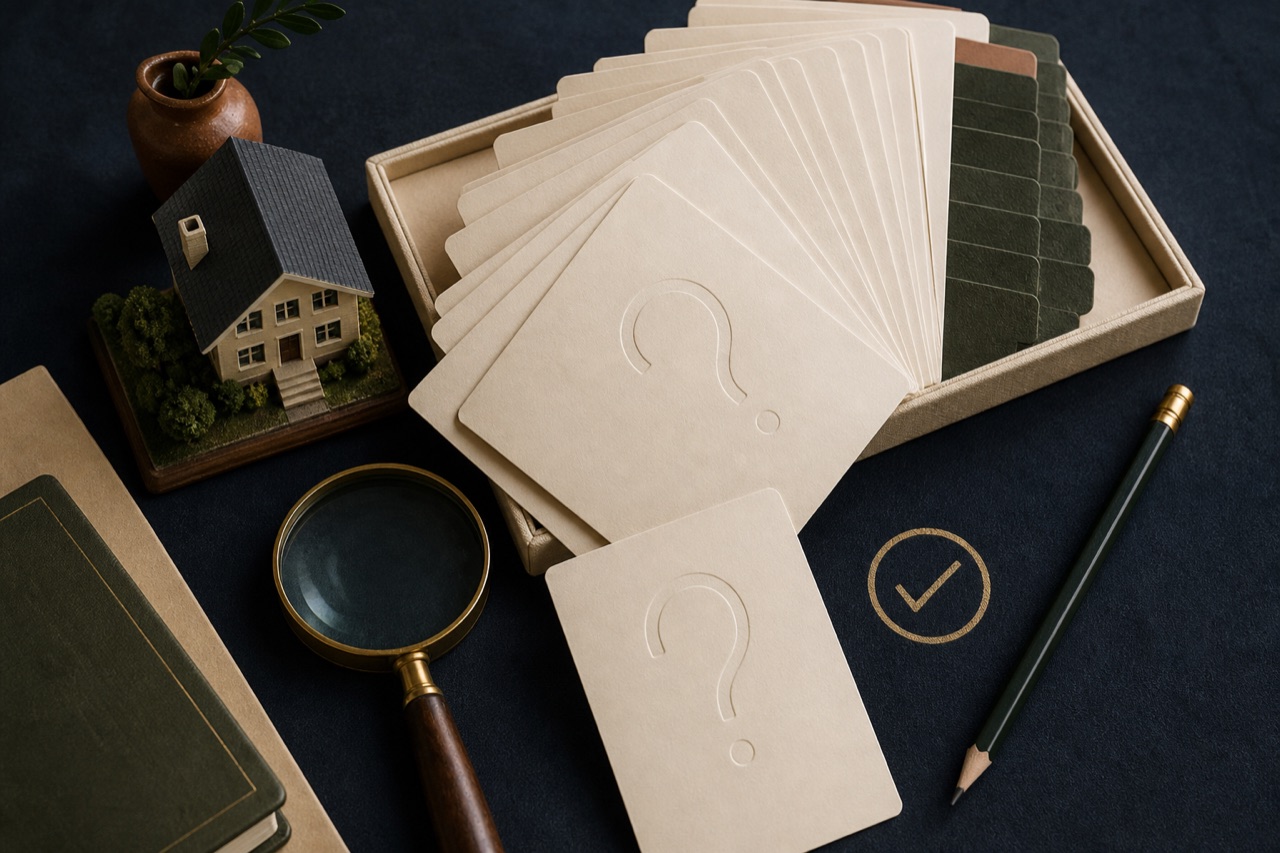 Organized question cards, a magnifying glass, and a rental property model