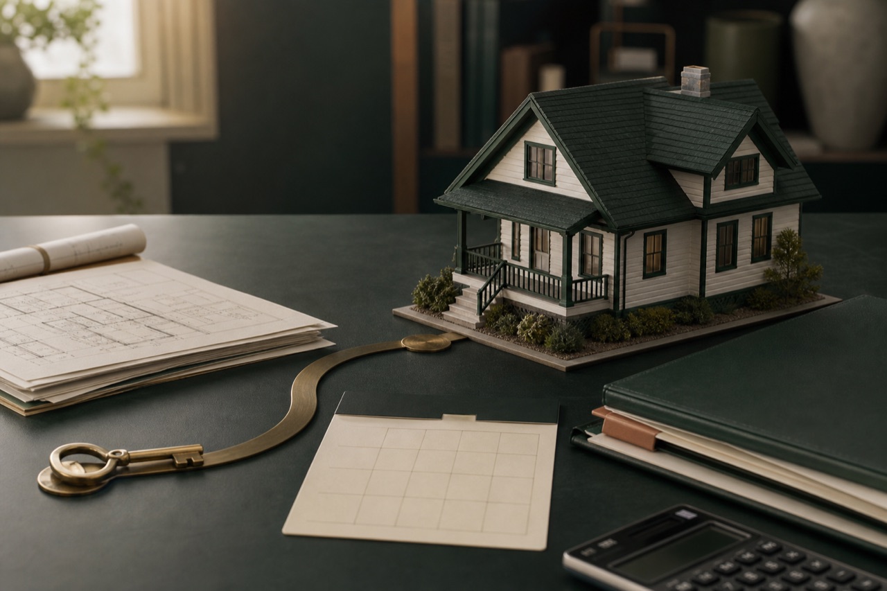 Finished rental property model connected to renovation plans and an organized financing timeline