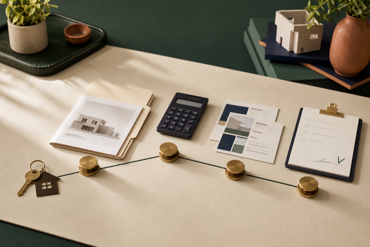 A four-stage property review path arranged across a planning table