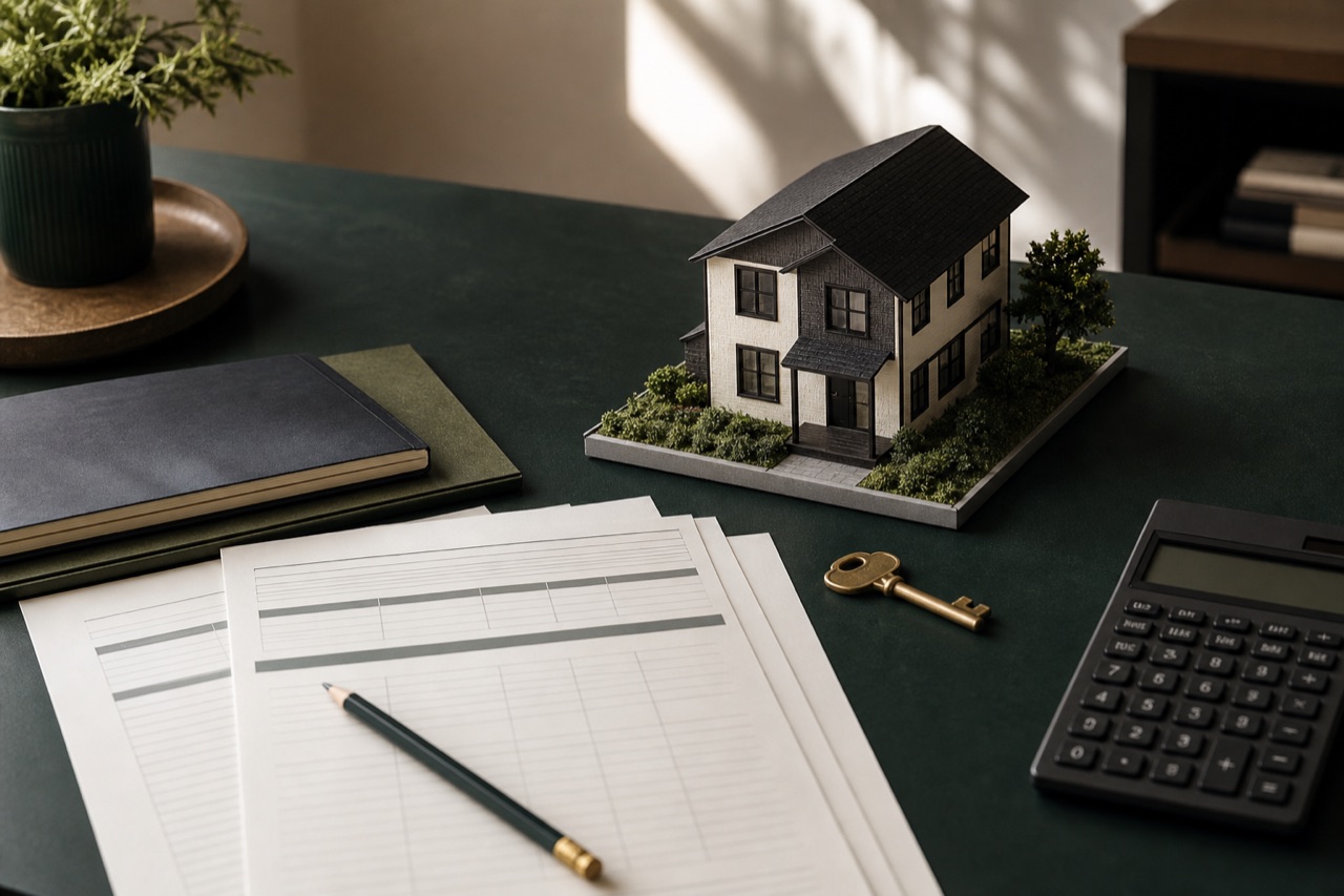 Rental property model beside comparison worksheets, a key, and a calculator