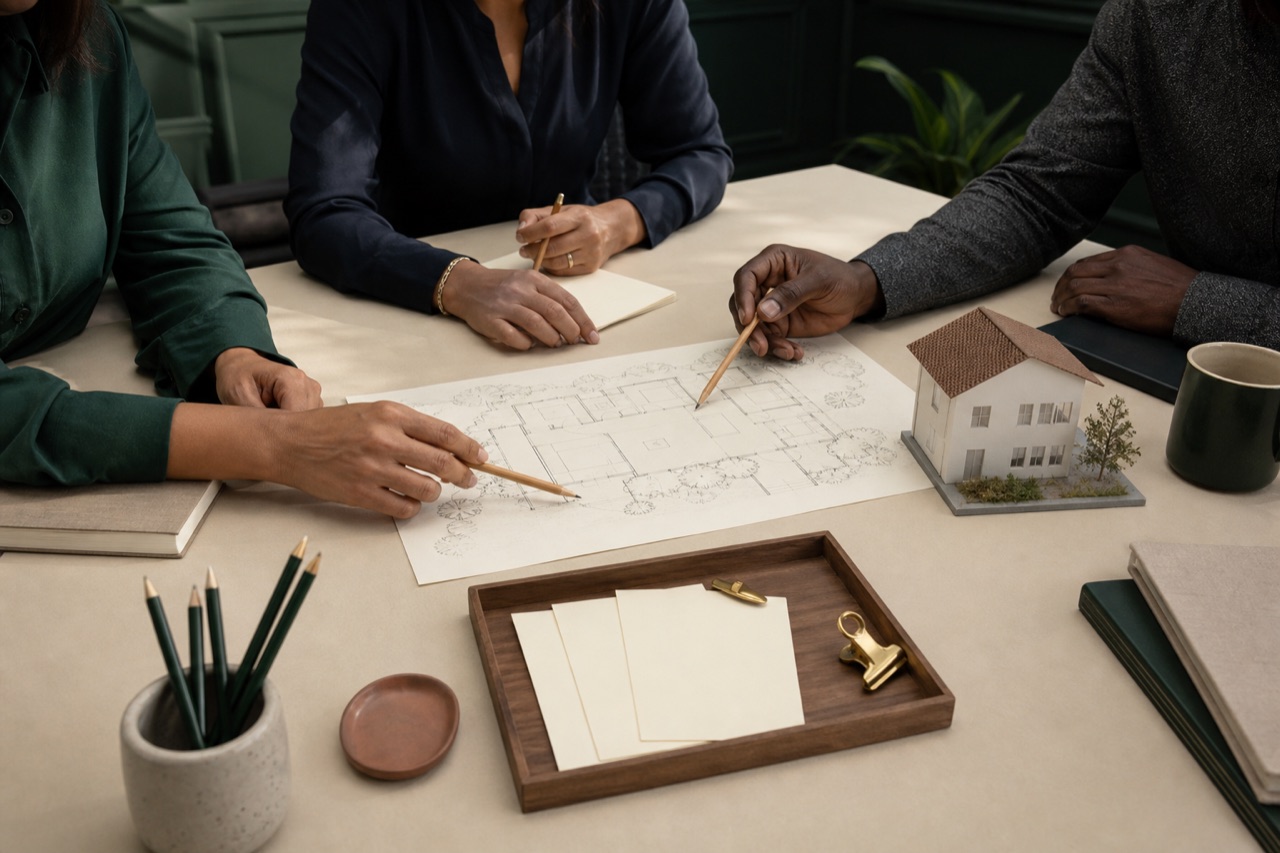 Professionals collaborating around a rental property plan and educational materials