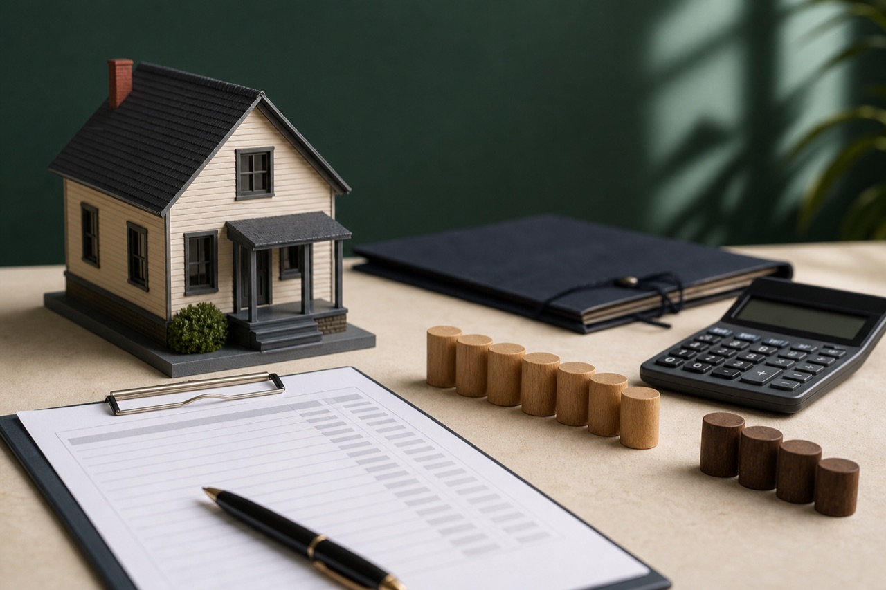 Rental property model beside an operating worksheet and calculator