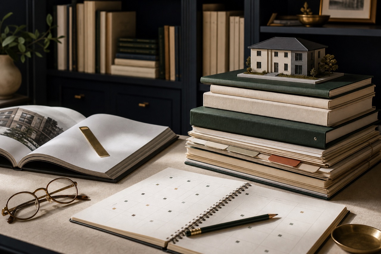 Investor guidebooks, a planning calendar, and a rental property model in a working library